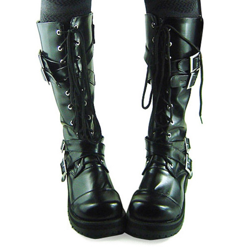 Gothic Black Lolita Boots Chunky Heels Shoelace Straps Buckles Daily Casual