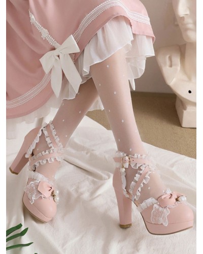 ROCOCO Style Lolita Footwear Black Bows Ruffles Pearls Round Toe PU Leather Lolita Pumps Shoes