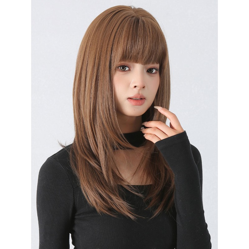 Medium Wigs Synthetic Wigs Women's Wigs Coffee Brown Straight Rayon Medium Medium Wig For Woman Feminine