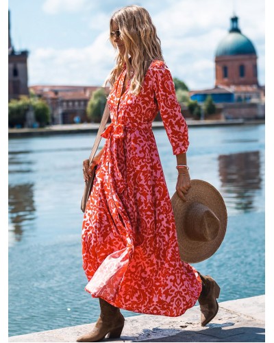 Floral Dress Long Sleeves V-Neck Casual Long Dresses Bodycon Spring Fall