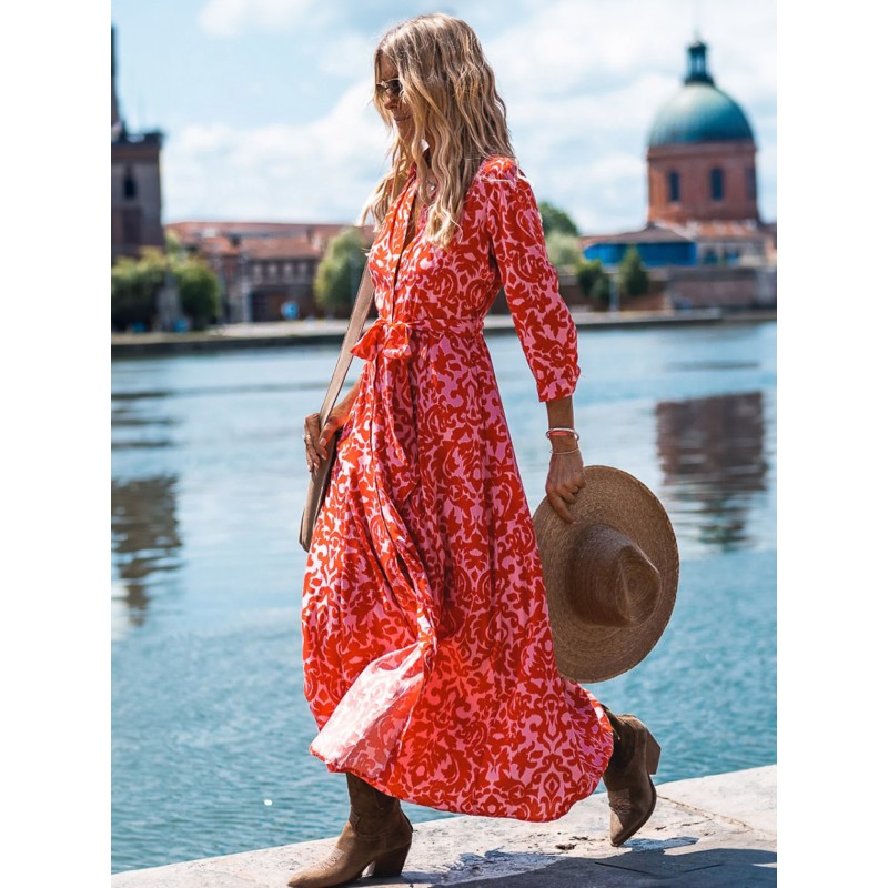 Floral Dress Long Sleeves V-Neck Casual Long Dresses Bodycon Spring Fall