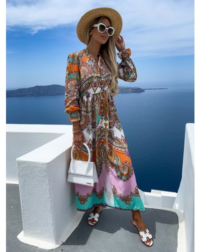 Women Turndown Collar Maxi Dress Long Sleeves Sexy Floral Print Oversized Long Dress Buttons Shirt Beach Resort Wear