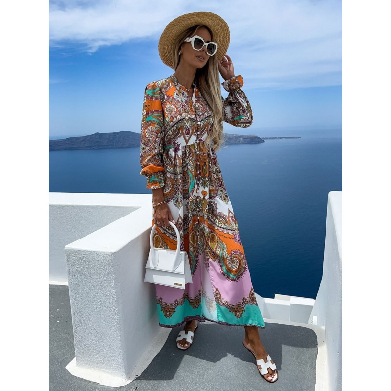 Women Turndown Collar Maxi Dress Long Sleeves Sexy Floral Print Oversized Long Dress Buttons Shirt Beach Resort Wear