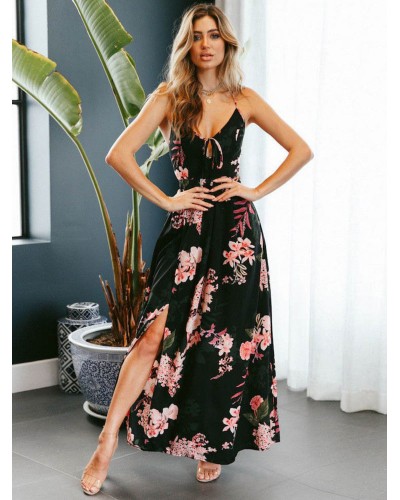 Floral Maxi Women Tea Dress Spaghetti Straps Lace Up Backless Split Summer Dress Chiffon Slip Dress Chic  Modern Beach