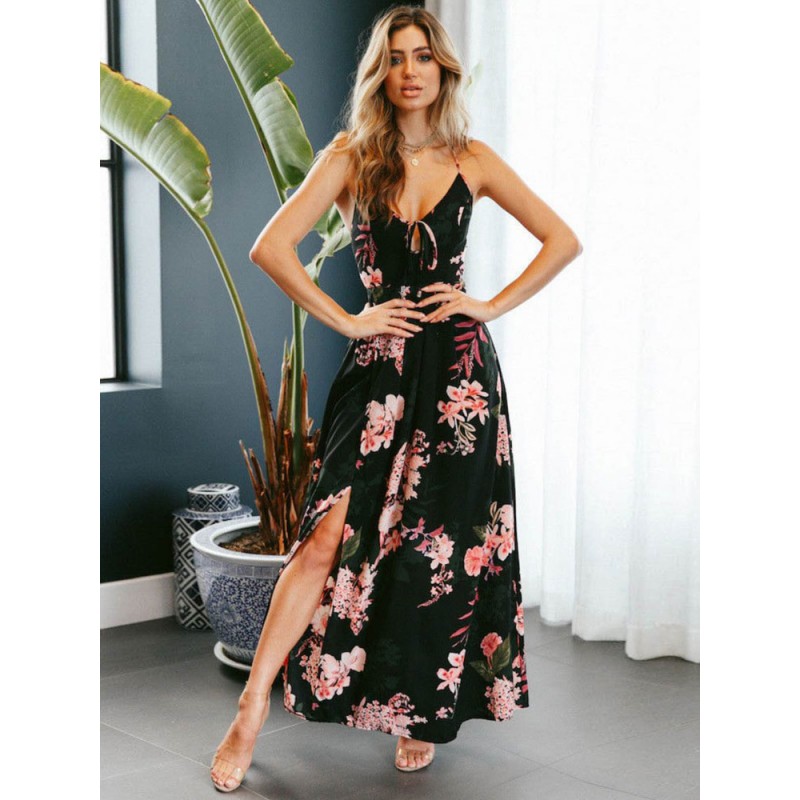 Floral Maxi Women Tea Dress Spaghetti Straps Lace Up Backless Split Summer Dress Chiffon Slip Dress Chic  Modern Beach