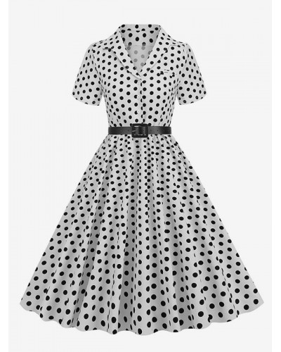 Dress 1950s Audrey Hepburn Style Turndown Collar Buttons Short Sleeves Polka Dot Swing Dress Vintage Retro Spring Summer