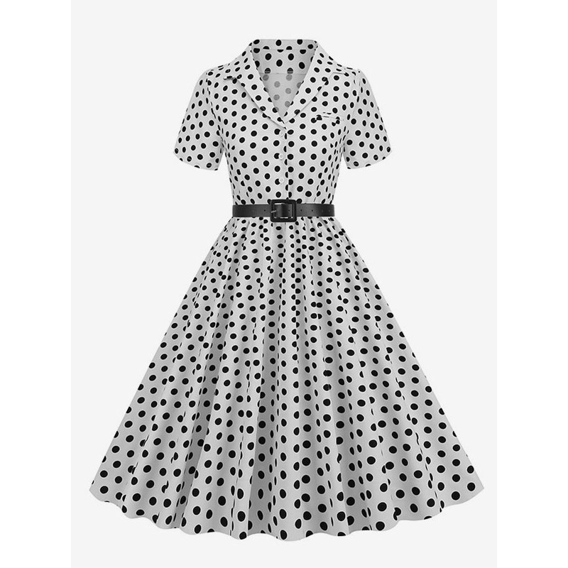 Dress 1950s Audrey Hepburn Style Turndown Collar Buttons Short Sleeves Polka Dot Swing Dress Vintage Retro Spring Summer