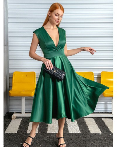 Summer Midi Dress Dark Green V-Neck Beach Dress Maxi Party Daily Casual