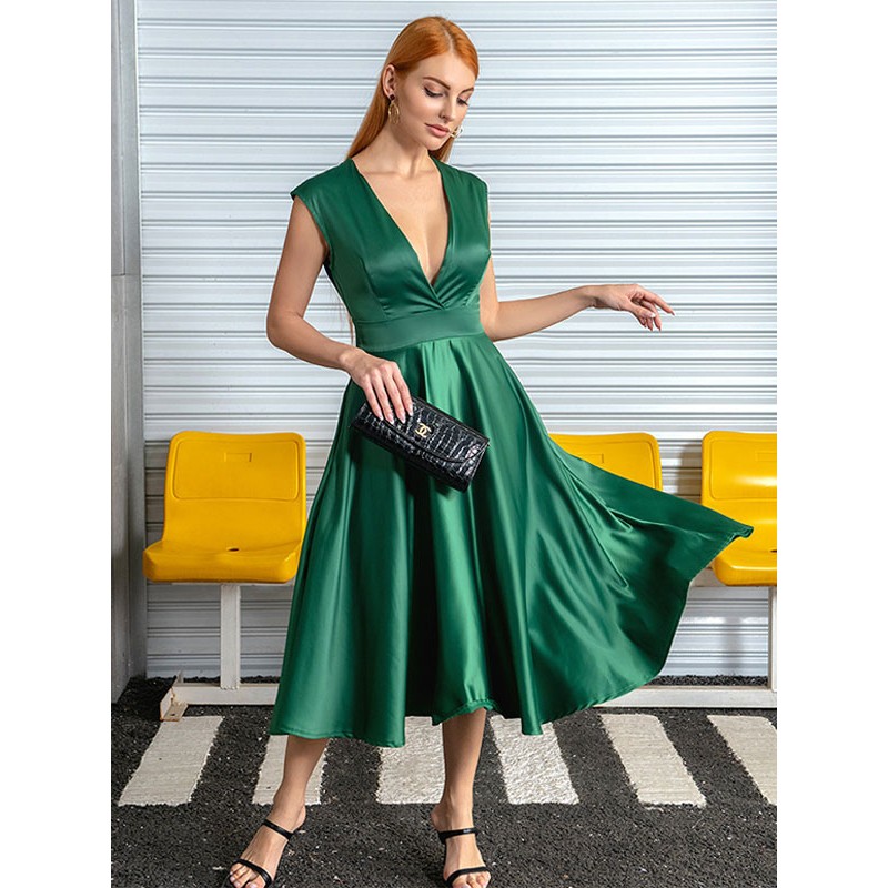 Summer Midi Dress Dark Green V-Neck Beach Dress Maxi Party Daily Casual