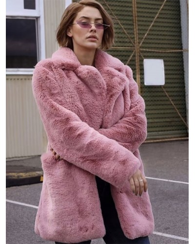 Faux Fur Coats Long Sleeves Casual Turndown Collar Pink Coat Faux Fur Coat Fall Winter