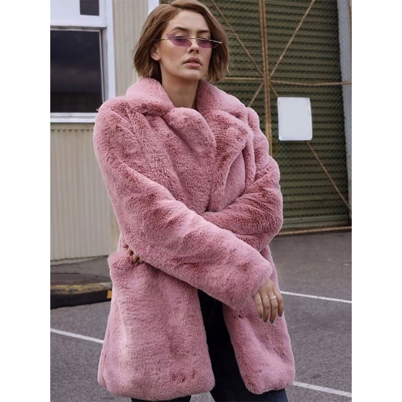 Faux Fur Coats Long Sleeves Casual Turndown Collar Pink Coat Faux Fur Coat Fall Winter