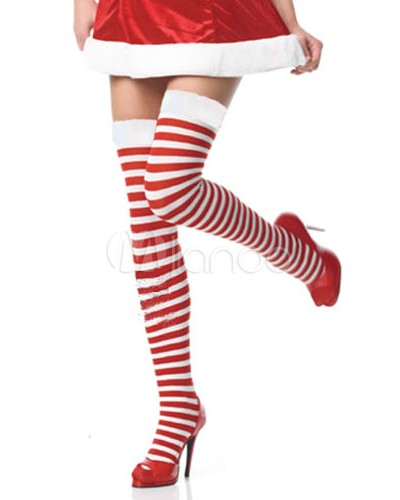 Women Halloween Stripes Print Stockings Red Over The Knee Cosplay Stockings Halloween