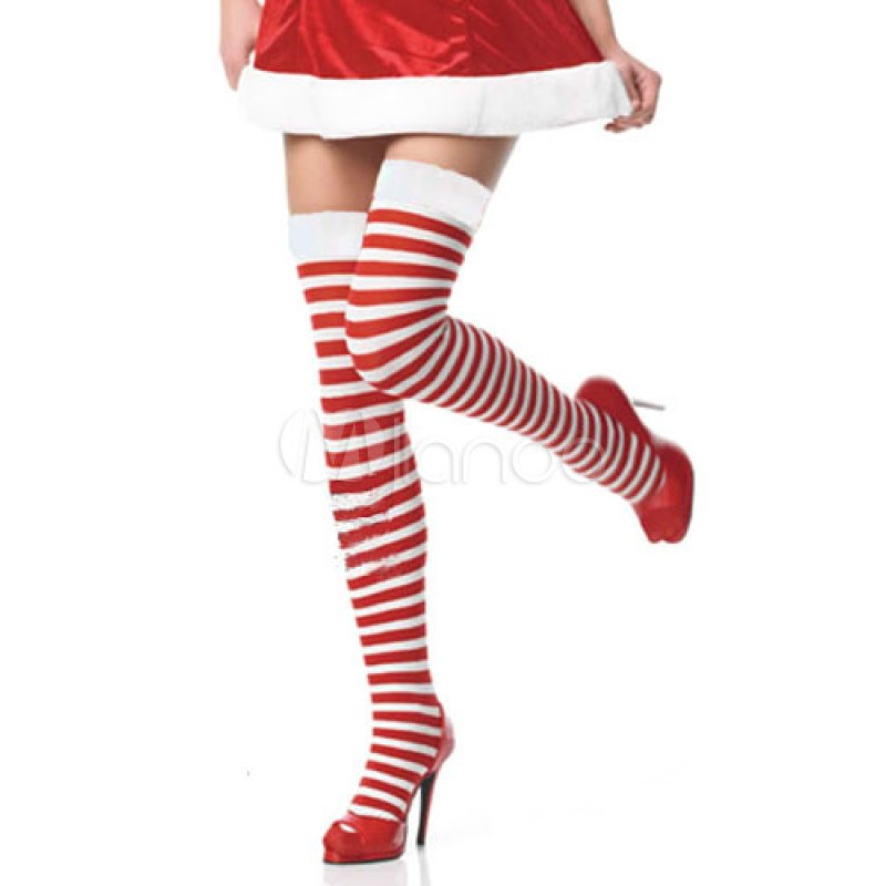 Women Halloween Stripes Print Stockings Red Over The Knee Cosplay Stockings Halloween