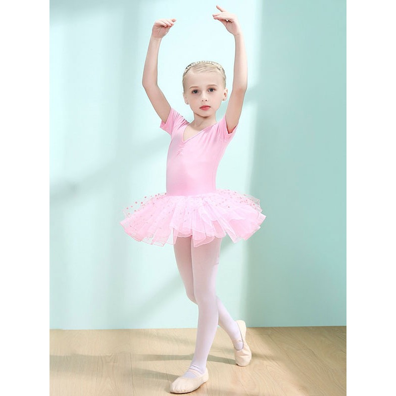 Women Ballet Dance Costumes Pink 's Kid's Dancer Cut Out Ruffles Polka Dot Pleated Cotton Blend Dress Performance Wear Tunic Elegant Art Deco/Retro