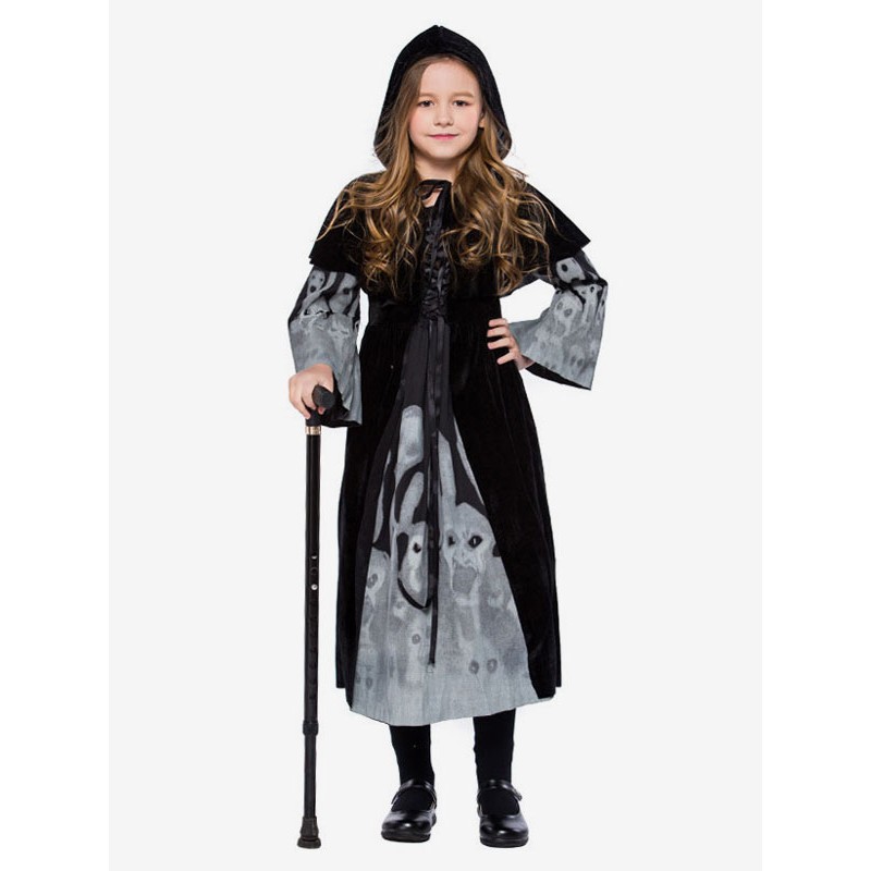 Carnival Cosplay Costumes For Kids Black Witch Cloak Dress For Child Mardi Gras Halloween