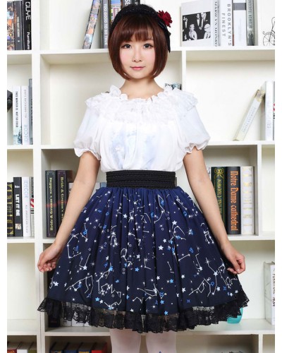 Blue Lolita Dress Sweet Constellation Printed Lolita Skirt With Black Lace Trim Summer Daily Casual