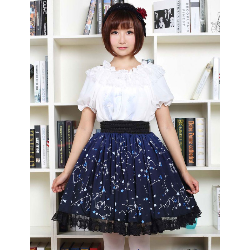 Blue Lolita Dress Sweet Constellation Printed Lolita Skirt With Black Lace Trim Summer Daily Casual