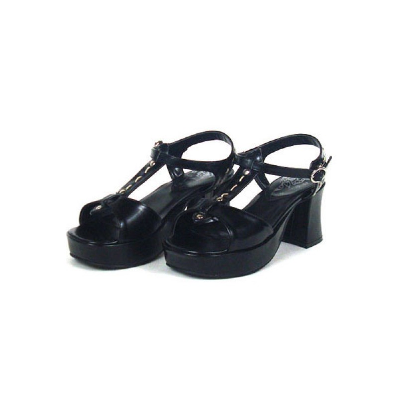 Popular Black 3'' Chunky Heel Platform Stud Lolita Sandals