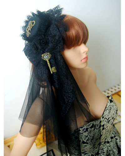 Lolita Veil Tulle Lace Hat Metal Detail Ruffle Black Lolita Headdress Steampunk