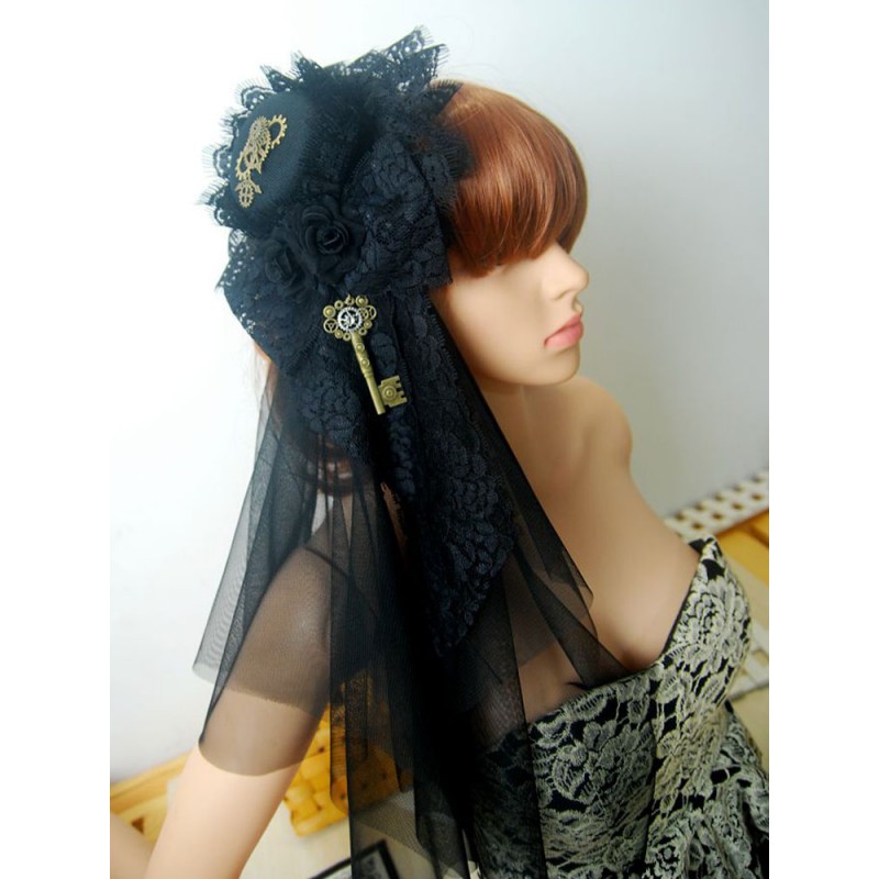 Lolita Veil Tulle Lace Hat Metal Detail Ruffle Black Lolita Headdress Steampunk