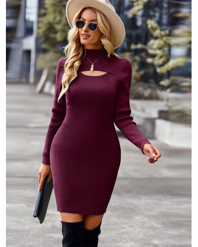 Women Knitted Dress Beautiful Long Sleeves Jewel Neck Chic  Modern Fall Winter