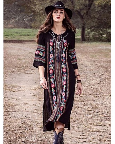 Women Boho Dress V-Neck Half Sleeves High-slit Embroidered Dress Bohemian Summer