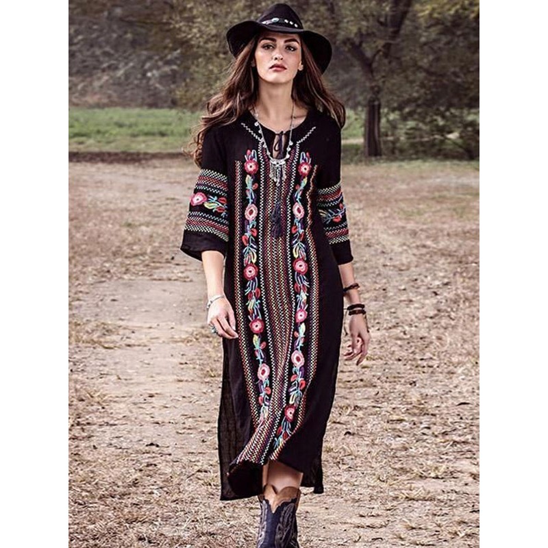 Women Boho Dress V-Neck Half Sleeves High-slit Embroidered Dress Bohemian Summer