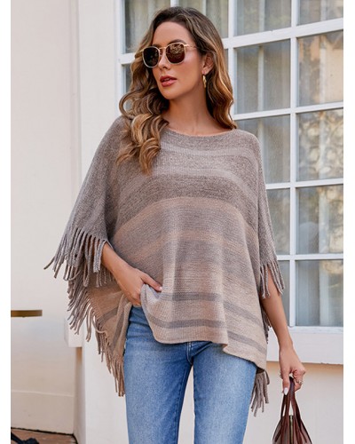 Women Poncho Stripes Jewel Neck Khaki Poncho Fringe Cape Poncho  Cape Fall Winter