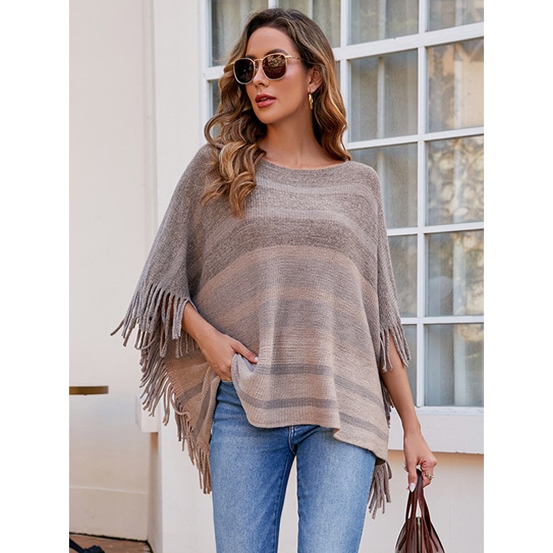 Women Poncho Stripes Jewel Neck Khaki Poncho Fringe Cape Poncho  Cape Fall Winter