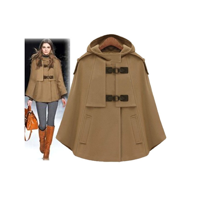 Women Poncho Camel Stand Collar Buttons Cape Academic Outerwear Poncho  Cape Field