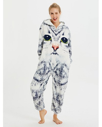 Women Kigurumi Pajamas Onesie For Adult Polyester Cat Pattern Grey Kigurumi Costumes