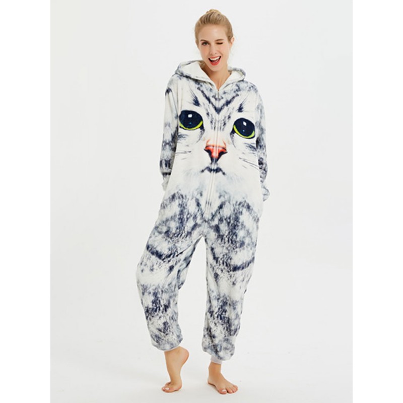 Women Kigurumi Pajamas Onesie For Adult Polyester Cat Pattern Grey Kigurumi Costumes