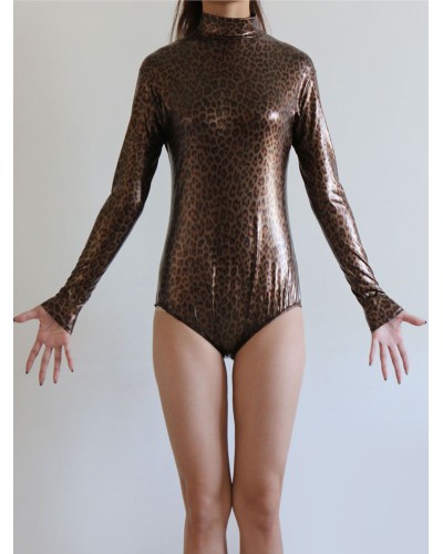 Women Dark Brown Leopard Print Shiny Metallic Bodysuit For Leotard