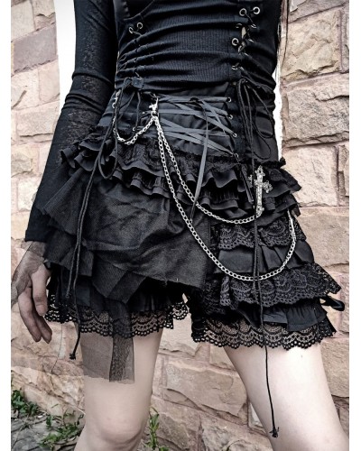 Punk SK Skirt Black Polyester Cross Lace Up Ruffles Lolita Mini Skirt Steampunk Gothic Spring Summer Fall