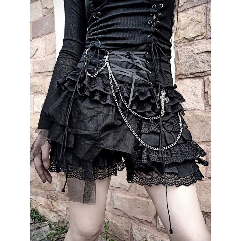 Punk SK Skirt Black Polyester Cross Lace Up Ruffles Lolita Mini Skirt Steampunk Gothic Spring Summer Fall