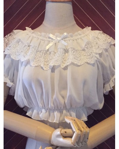 Lolita Tops White Chiffon Short Sleeve Lace Ruffles Lolita Crop Tops Sweet Spring Summer Fall