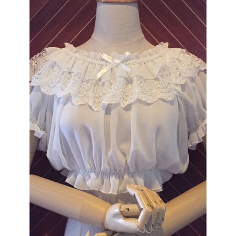 Lolita Tops White Chiffon Short Sleeve Lace Ruffles Lolita Crop Tops Sweet Spring Summer Fall