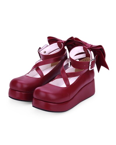 Sweet Lolita Shoes Bow Strappy Burgundy Platform Lolita Footwear Daily Casual Tea Party