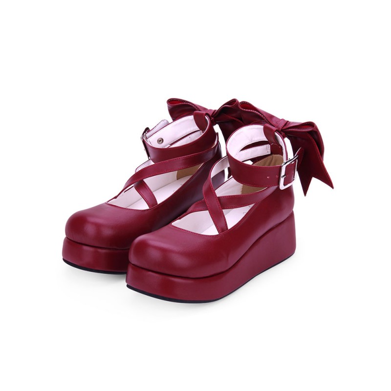 Sweet Lolita Shoes Bow Strappy Burgundy Platform Lolita Footwear Daily Casual Tea Party