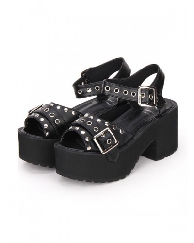 Lolita Sandals Metallic Buckle Rivet Grommet Platform Chunky Heel Black Lolita Footwear Punk Daily Casual