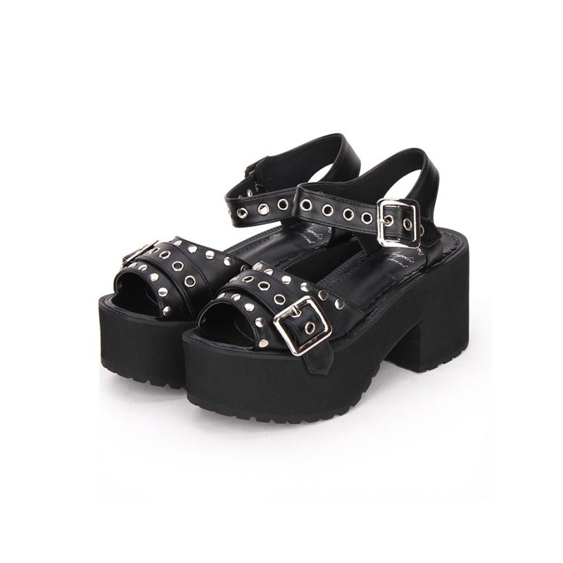 Lolita Sandals Metallic Buckle Rivet Grommet Platform Chunky Heel Black Lolita Footwear Punk Daily Casual