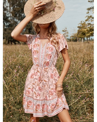 Dress V-Neck Floral Print Pink Dress Summer Beach