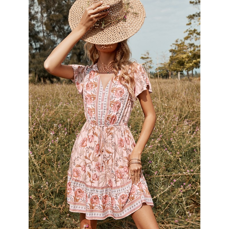 Dress V-Neck Floral Print Pink Dress Summer Beach