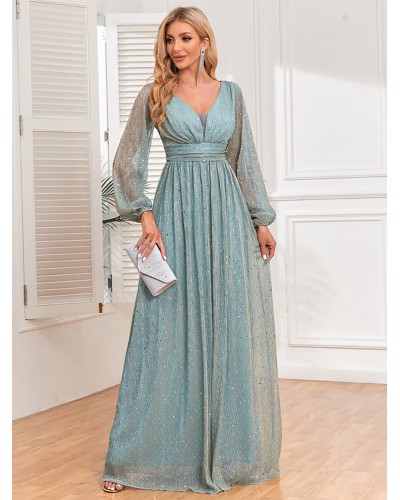 Women Dresses Sequins Pleated V-Neck Long Sleeves Semi Formal Dress Maxi Fall Winter