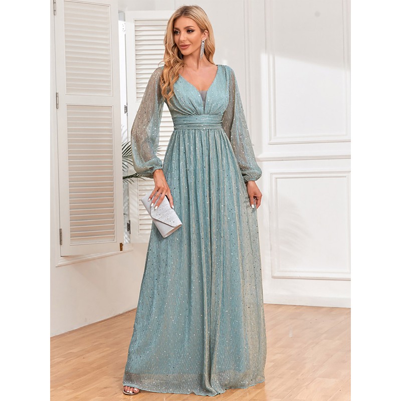 Women Dresses Sequins Pleated V-Neck Long Sleeves Semi Formal Dress Maxi Fall Winter