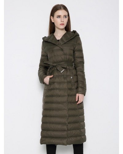 Hooded Down Coat Quilted Belted Outerwear For Women Classic  Traditional Casual Winter