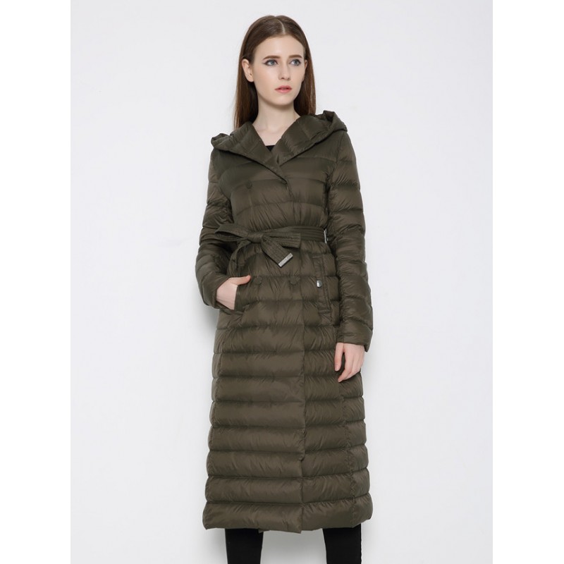 Hooded Down Coat Quilted Belted Outerwear For Women Classic  Traditional Casual Winter