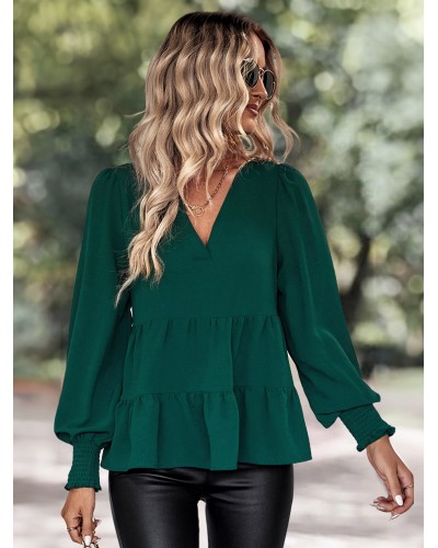 Long Sleeves Tees Dark Green Polyester Ruffles V-Neck Women T Shirt Elegant Casual Street Wear Daily Casual