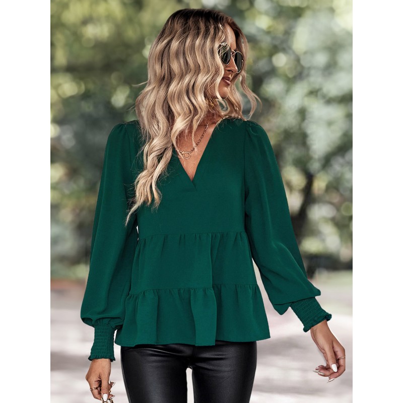 Long Sleeves Tees Dark Green Polyester Ruffles V-Neck Women T Shirt Elegant Casual Street Wear Daily Casual