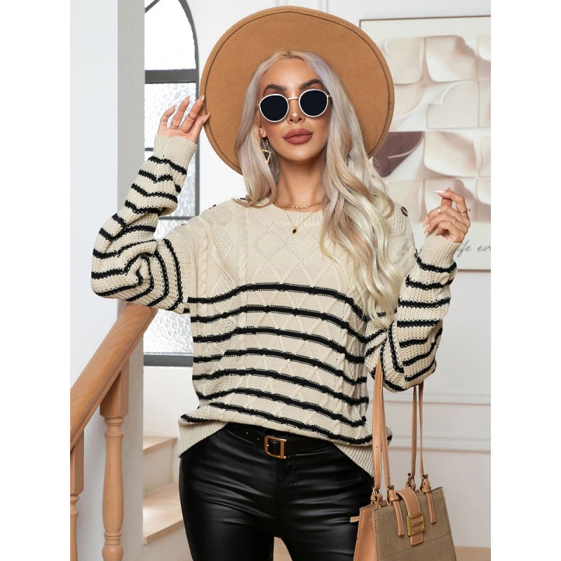 Pullovers For Women Apricot Buttons Stripes Jewel Neck Long Sleeves Acrylic Sweaters Casual Street Wear Daily Casual